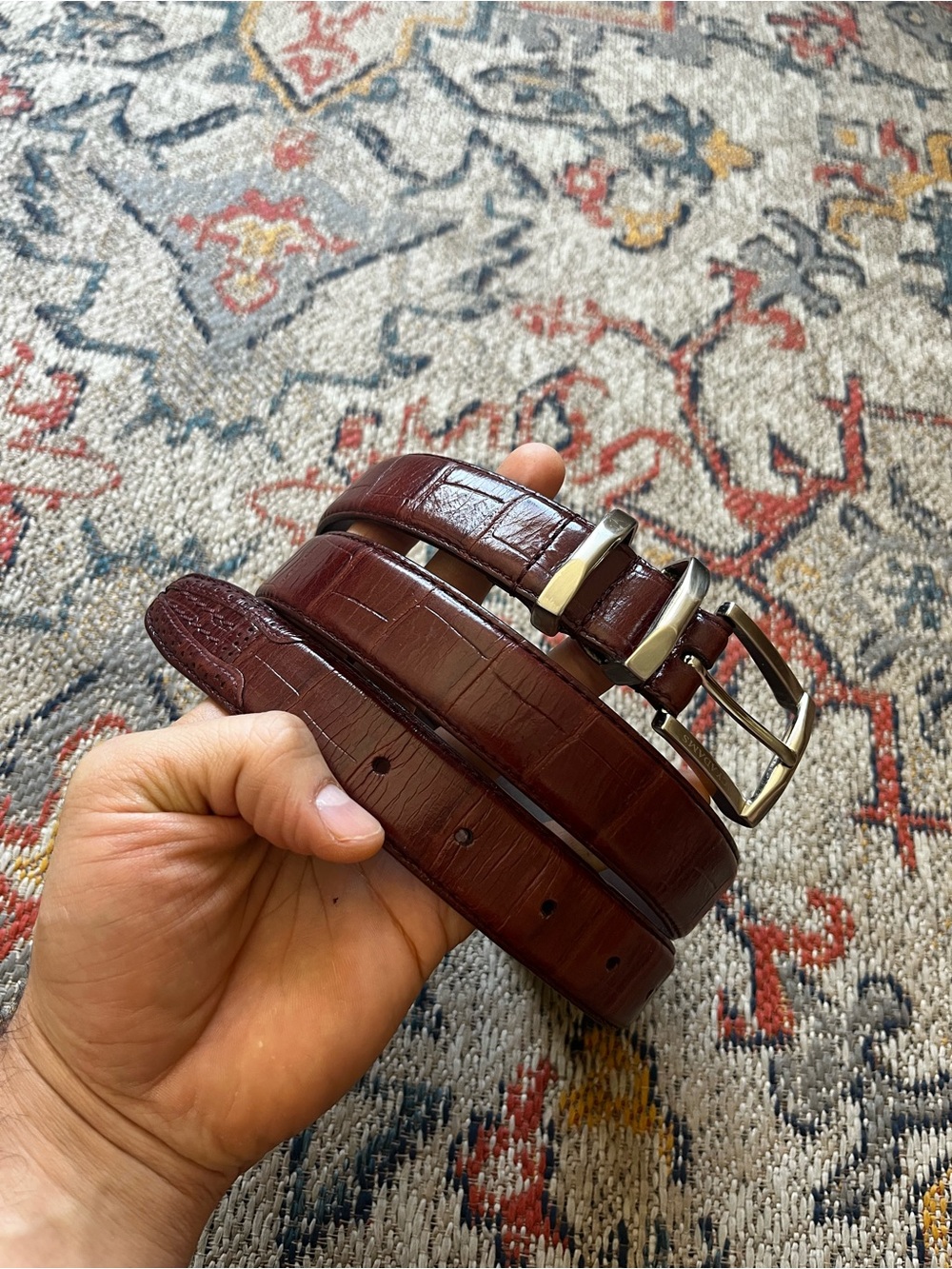 Stacy Adams Burgundy Croc-Embossed Leather Belt with Silver Buckle